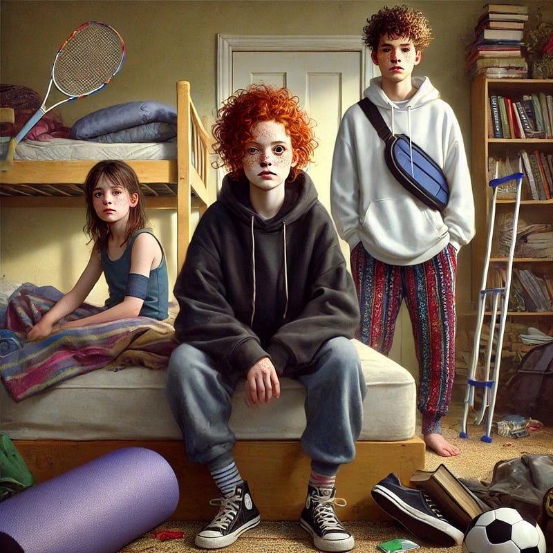 Monroe Siblings in a Messy Room Three siblings in a cluttered bedroom. A red-haired teen in a hoodie sits on a bed, a younger sibling in pajamas watches, and a taller teen in a hoodie stands near a bookshelf.