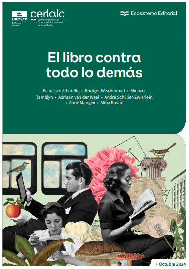 #descrevemospravocê  Capa da publicação do Cerlalc Unesco com o título em destaque: “El libro contra todo lo demás” (em português: "O livro contra todo o resto"). A frase está centralizada em letras brancas sobre um fundo verde-escuro. Logo abaixo, aparece o subtítulo em fonte menor: “Porque los libros + la lectura + la cultura + la oralidad son lo que nos salvan todos los días, una vez más.” Em tradução livre: “Porque os livros + a leitura + a cultura + a oralidade são o que nos salvam todos os dias, mais uma vez.” A autoria da citação é atribuída a María Osorio e María Fernanda. No canto superior esquerdo, estão o logotipo da Unesco e a marca gráfica do Cerlalc, com a inscrição: “Centro Regional para el Fomento del Libro en América Latina y el Caribe”.  Na metade inferior da capa, há uma composição visual em estilo de colagem. Três pessoas estão lendo livros em diferentes contextos: um homem negro de terno sentado num banco de ônibus, uma mulher branca de vestido preto sentada ao lado dele, e um homem branco de terno segurando um violão. Ao fundo, aparecem janelas de ônibus que sugerem um ambiente urbano. A cena é rodeada por elementos diversos: uma grande flor rosa, folhas verdes, uma laranja, uma pomba e fragmentos de livros e paisagens naturais. O conjunto de imagens cria um clima onírico e poético, reforçando o poder transformador da leitura. A parte inferior da capa tem formato arredondado nos cantos, contribuindo para uma estética leve e contemporânea.