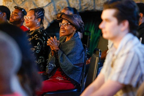 Photos of the audience watching Shadows and Light, the audience after the show, and moments with the actors on stage.