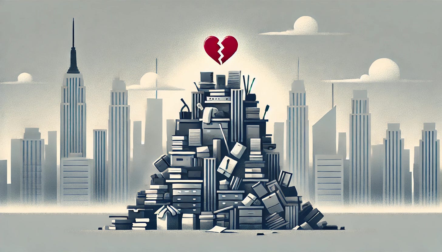 A minimalist and conceptual illustration representing dating rejection due to messiness. The image features a soft grayscale city skyline in the background. In the foreground, an abstract, cluttered pile of objects (books, clothes, and papers) forms a small mountain with a red broken heart resting on top, symbolizing rejection. The pile is exaggerated but cleanly drawn to fit the minimalist style of the series. The color palette includes muted grays and blues, with the heart as the bold pop of red. The mood is slightly humorous and reflective, capturing the impact of messiness on dating perceptions.