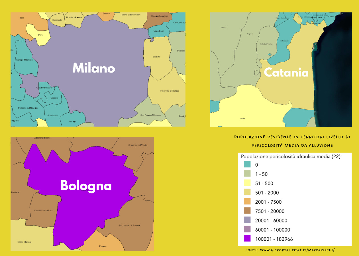 Mappe pericolosità alluvione di Milano, Bologna e Catania tratte dal portale GIS di Istat Mappe pericolosità alluvione di Milano, Bologna e Catania tratte dal portale GIS di Istat