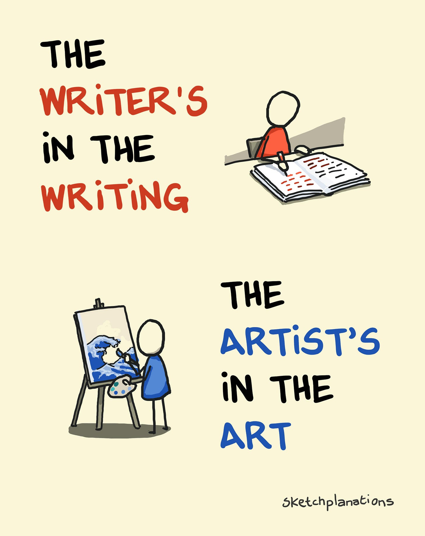 The writer's in the writing, the artist's in the art visual showing a red writer writing red words in a book, and a blue painter painting a canvas of The Wave in blue The writer's in the writing, the artist's in the art visual showing a red writer writing red words in a book, and a blue painter painting a canvas of The Wave in blue