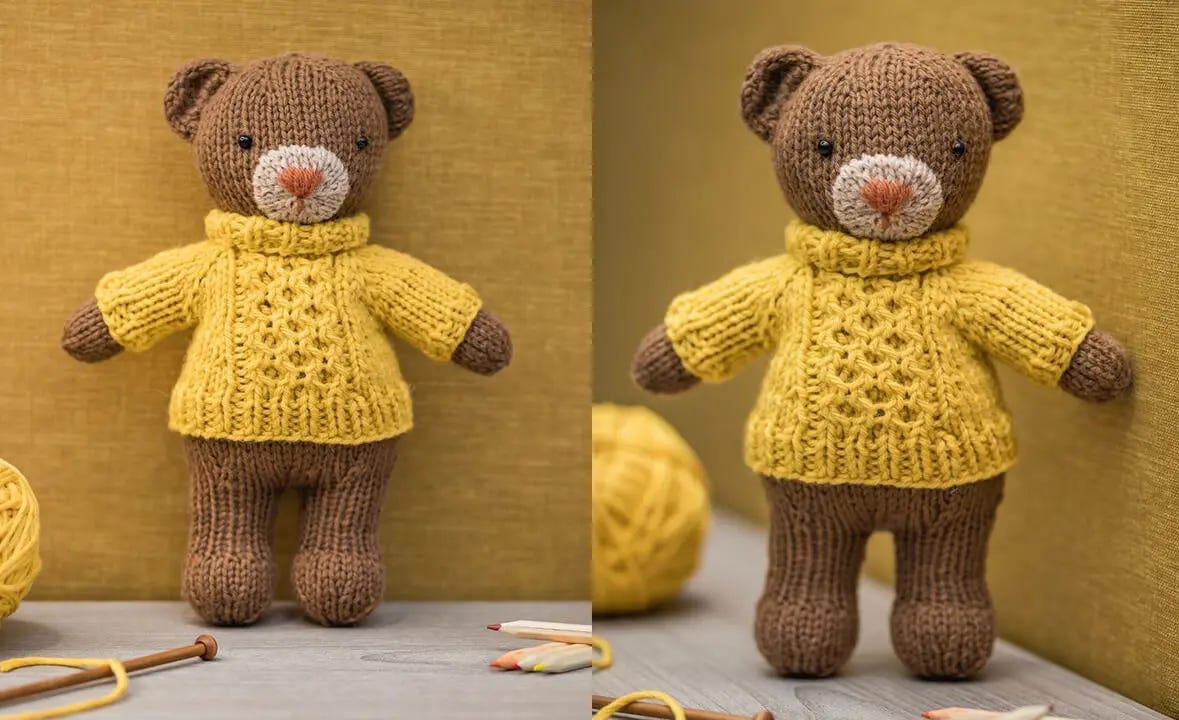 a brown stuffed knitted bear wearing a yellow turtleneck sweater 