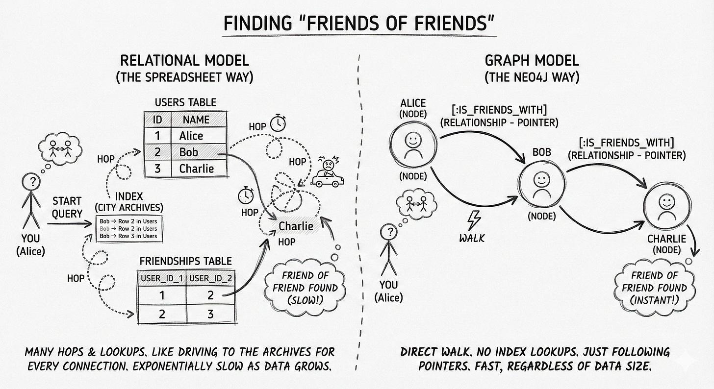 Diagram comparing slow table lookups in relational databases against fast, direct connections in graph databases.