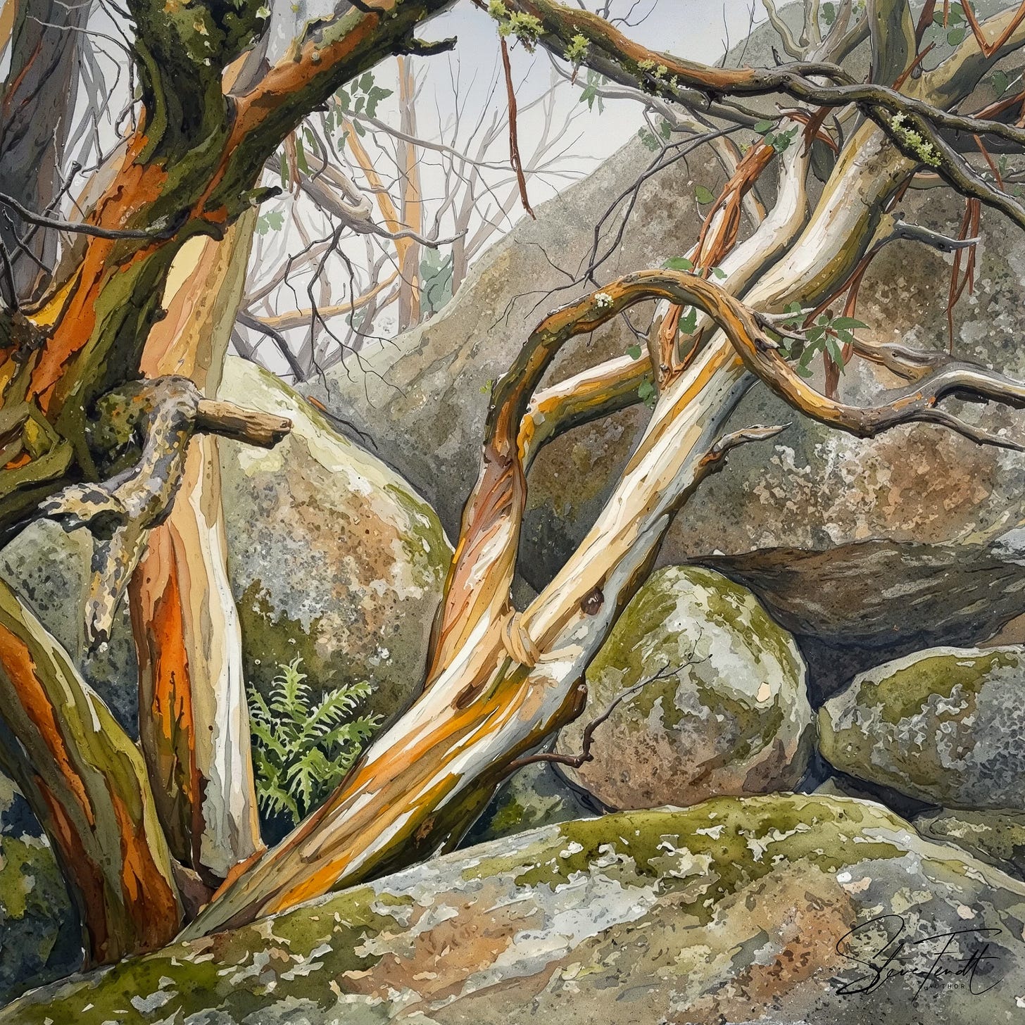 A watercolor painting of vividly coloured twisted snowgum trees, their contorted trunks displaying shades of rust, olive, and golden yellow, set against massive, rugged granite boulders. The composition features intricate textures of the bark, rock surfaces, and patches of moss amidst the boulders. The canvas is fully covered by the foreground subject, blending into a misty background. A watercolor painting of vividly coloured twisted snowgum trees, their contorted trunks displaying shades of rust, olive, and golden yellow, set against massive, rugged granite boulders. The composition features intricate textures of the bark, rock surfaces, and patches of moss amidst the boulders. The canvas is fully covered by the foreground subject, blending into a misty background.
