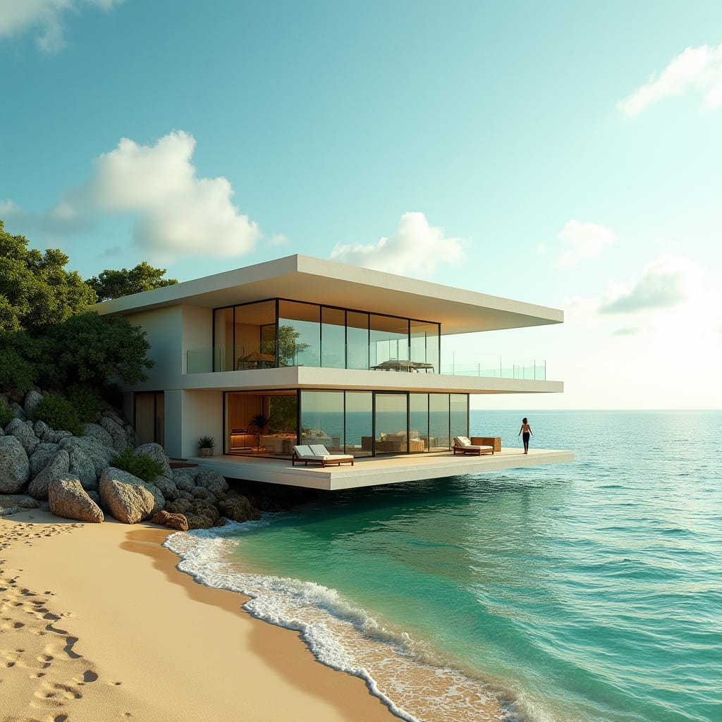 Magnificent modern Jamaican villa with expansive windows, cantilevered platforms, and dramatic protuberances, set directly on the pristine beach in Montego Bay, coast, with turquoise Caribbean waters stretching to the horizon.