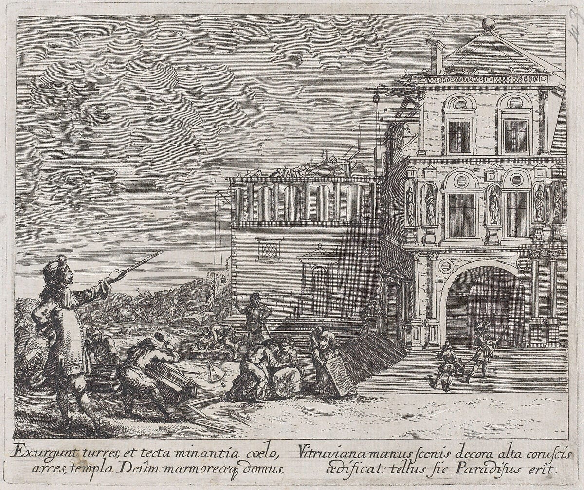 Scene showing the construction of a building, Melchior Küsel (German, 1626–1683), Etching