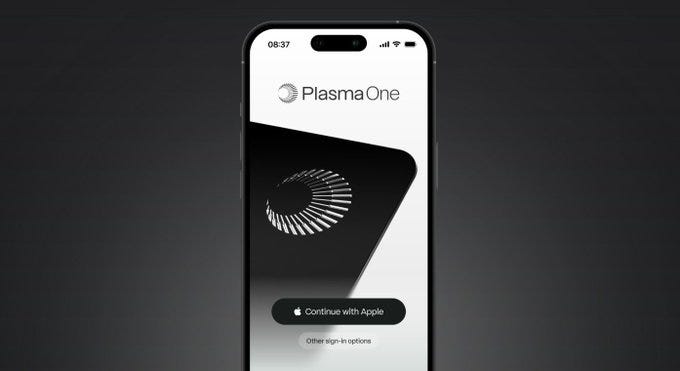 Un écran de smartphone affichant l'interface de l'application Plasma One. L'écran montre un logo noir et blanc avec un design circulaire et le texte « Plasma One » en haut. Sous le logo, les options « Continuer avec Apple » et « Autres options de connexion » sont visibles.