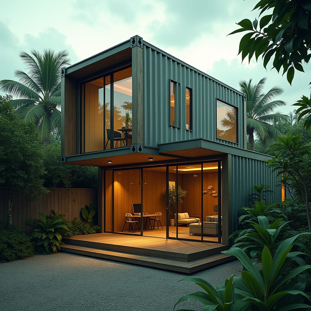 A modern container structure in Jamaica, cleverly designed as a half-shop, half-home. The lower half serves as a sleek, minimalist storefront with large glass doors, blending commercial functionality with contemporary design. The upper half is a cozy, eco-friendly living space made from repurposed shipping containers, featuring large windows for natural light, solar panels for energy efficiency, and rainwater harvesting tanks. The exterior combines raw steel with wooden accents, giving it an industrial yet stylish look. Surrounded by a few tropical plants, the structure fits seamlessly into the urban setting. Industrial chic, sustainable design, multifunctional living.






A modern container structure in Jamaica, cleverly designed as a half-shop, half-home. The lower half serves as a sleek, minimalist storefront with large glass doors, blending commercial functionality with contemporary design. The upper half is a cozy, eco-friendly living space made from repurposed shipping containers, featuring large windows for natural light, solar panels for energy efficiency, and rainwater harvesting tanks. The exterior combines raw steel with wooden accents, giving it an industrial yet stylish look. Surrounded by a few tropical plants, the structure fits seamlessly into the urban setting. Industrial chic, sustainable design, multifunctional living.