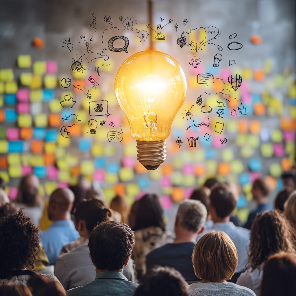 Large glowing lightbulb floating above a crowd, surrounded by hand-drawn idea sketches, with a colorful wall of sticky notes in the background.