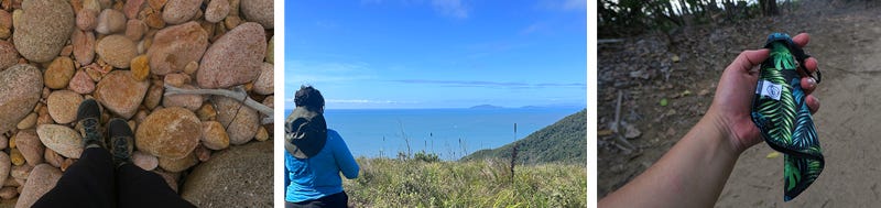 Hiking boots stood on large pink rocks, a person in a blue shirt with a green hat looks out into the ocean, a hand holding a piece of material with ferns printed on it. Hiking boots stood on large pink rocks, a person in a blue shirt with a green hat looks out into the ocean, a hand holding a piece of material with ferns printed on it.