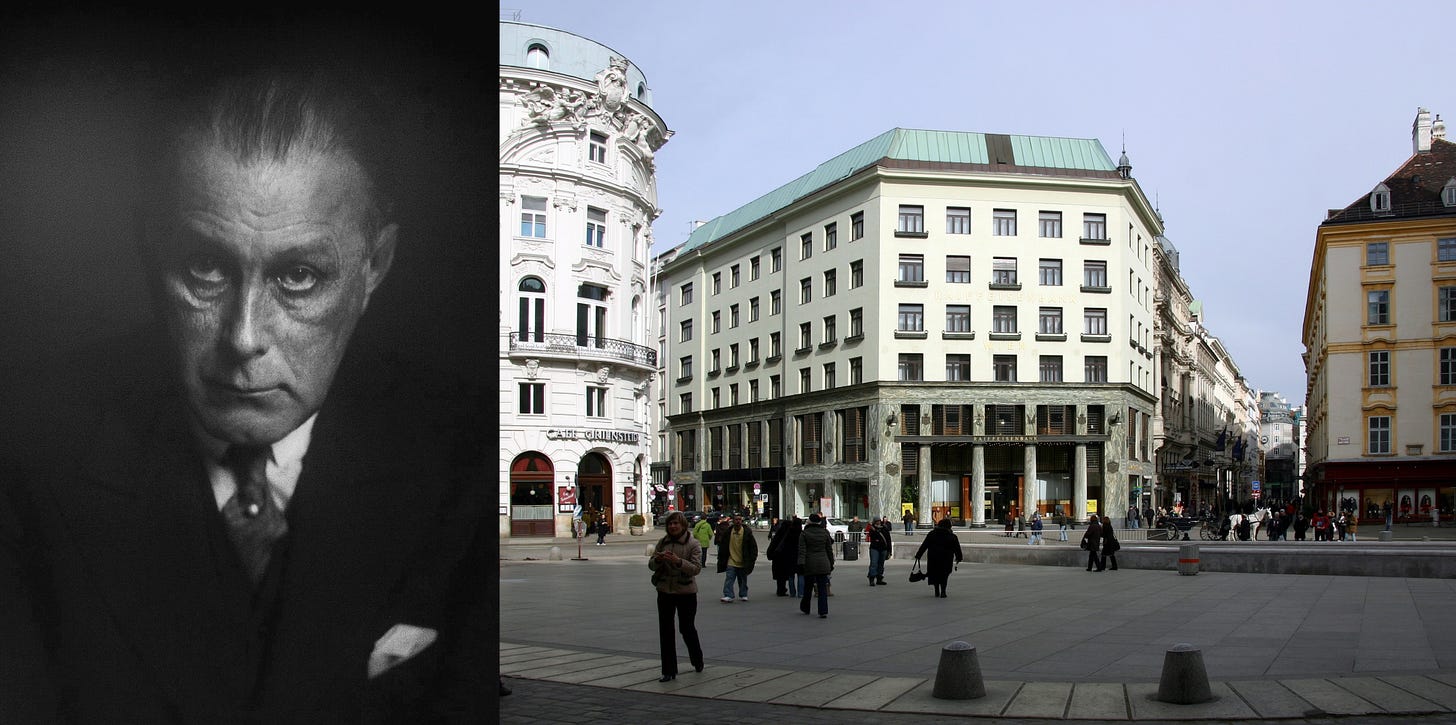 A black-and-white portrait of a stern-looking man is paired with a modern city square featuring a large, white building and people walking.