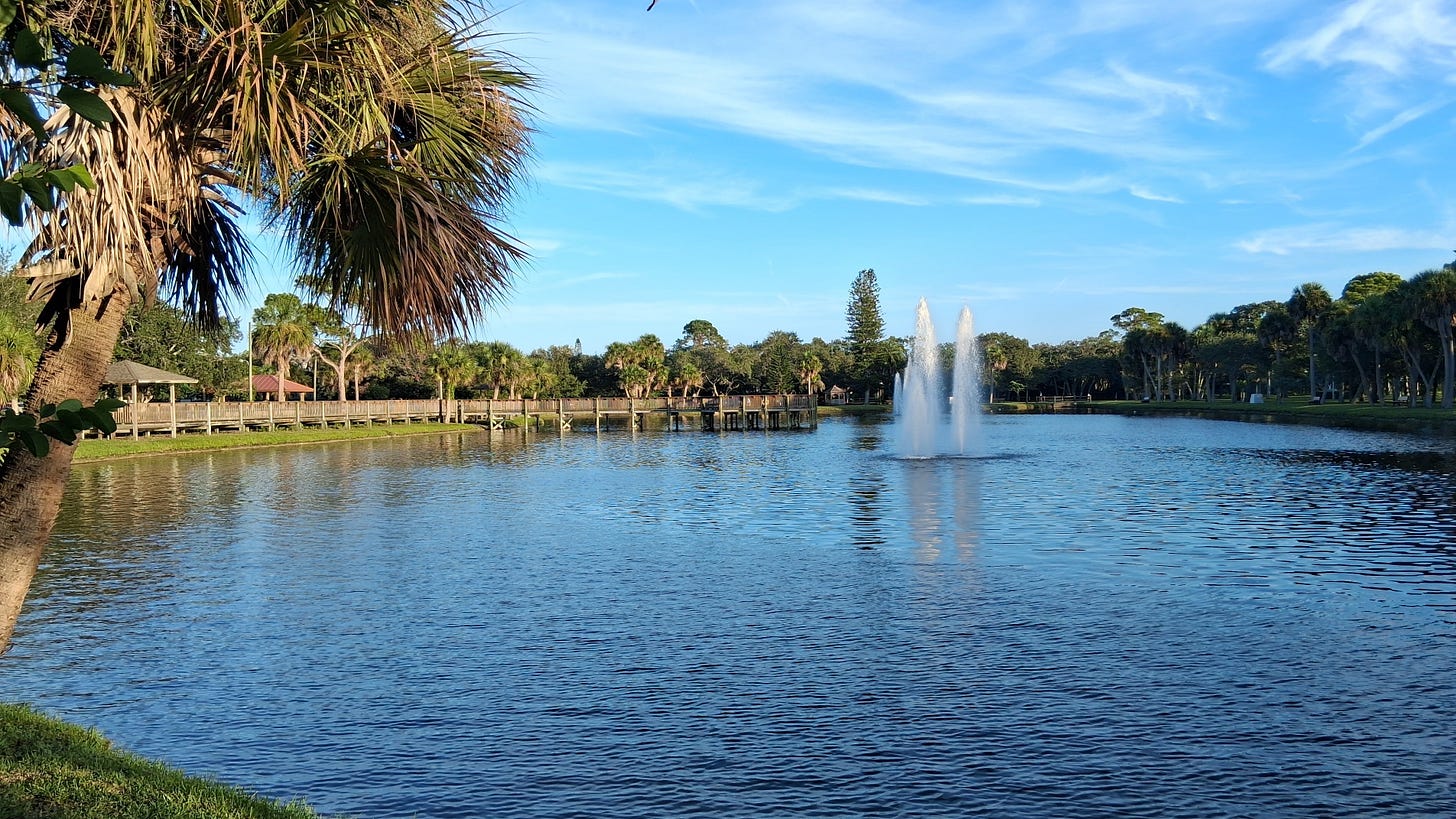 A scenic view of the lake at Gleason Park under a blue sky, featuring a large water fountain spray in the center and a wooden boardwalk running along the palm-lined shore.