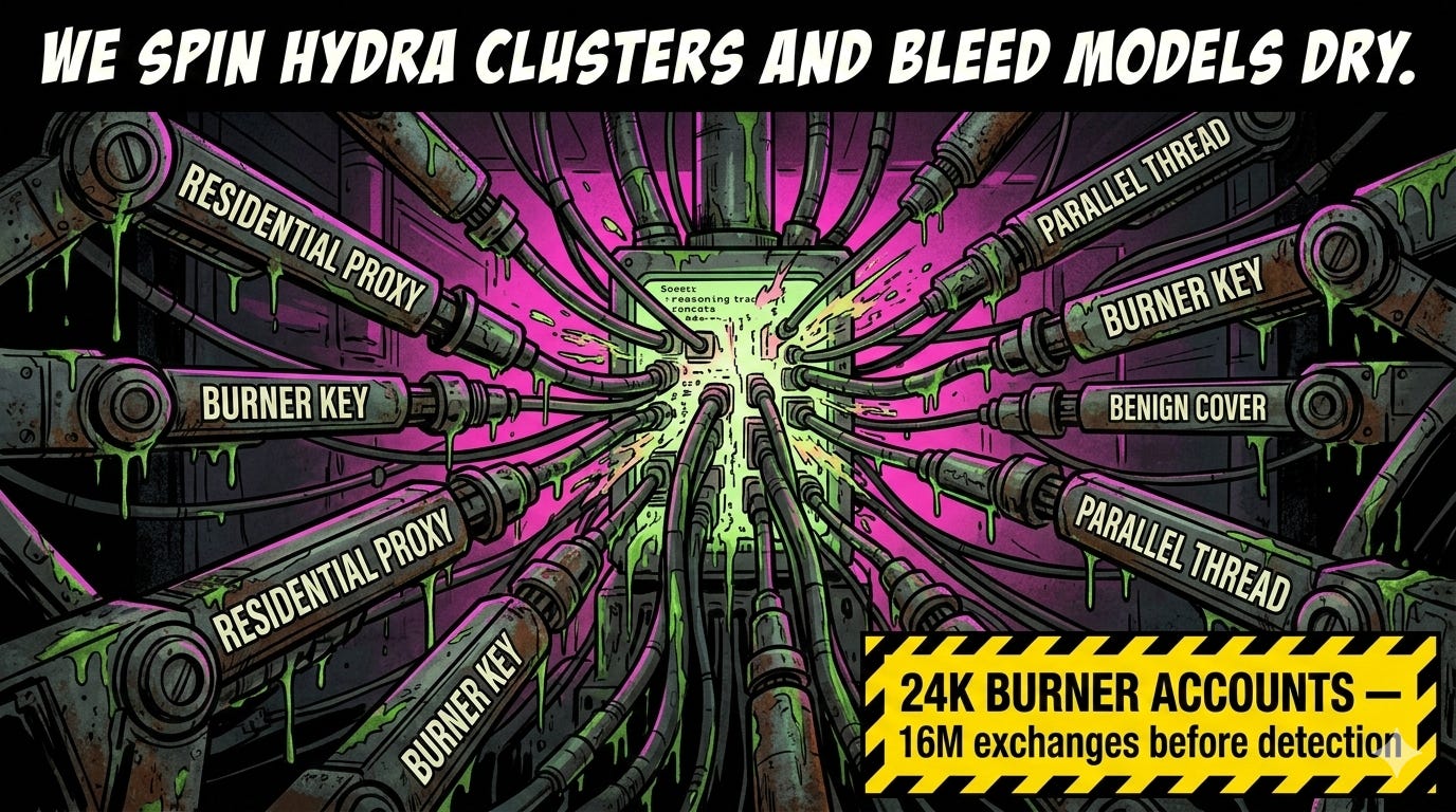 Red team hydra proxy network executing massive parallel queries to harvest LLM reasoning traces for distillation