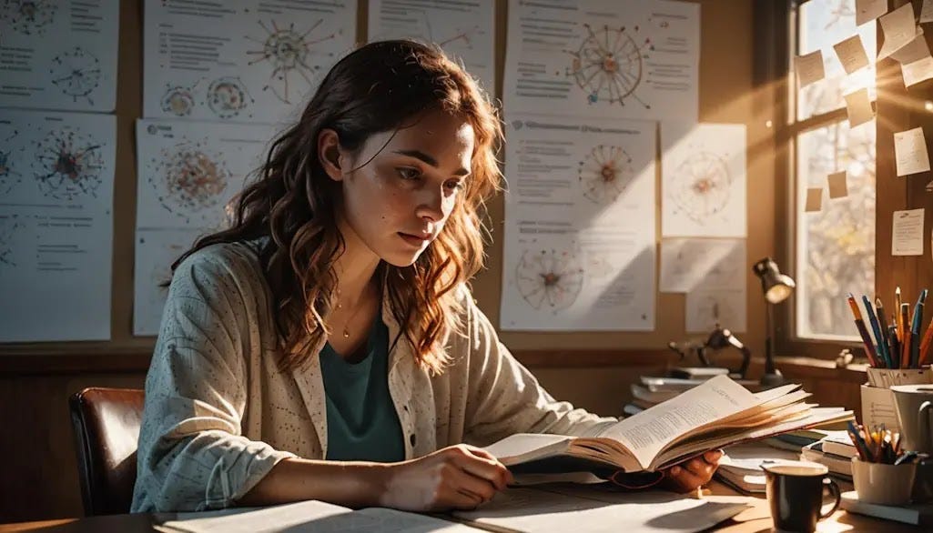 A young woman is reading about CRISPR while surrounded by information graphics.