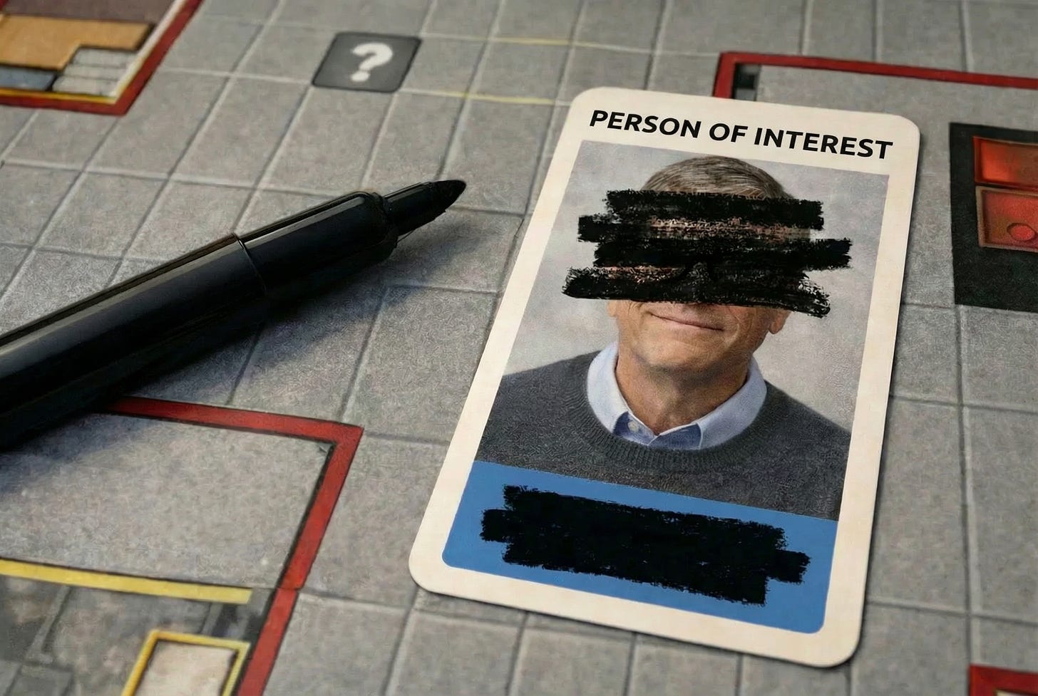 Black marker lying on the Clue game board beside a Suspect card depicting Bill Gates with black ink blotting out his face and name. Black marker lying on the Clue game board beside a Suspect card depicting Bill Gates with black ink blotting out his face and name.