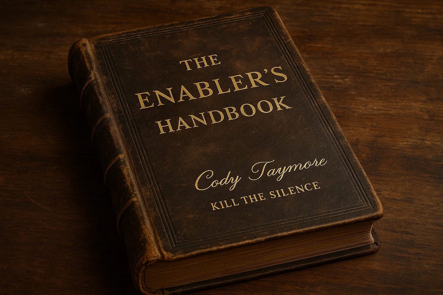 A vintage, leather-bound book titled “The Enabler’s Handbook” rests on a wooden surface. The cover features gold-embossed text with the author name Cody Taymore and the phrase Kill The Silence below it, suggesting a bold and introspective exploration of emotional survival and narcissistic dynamics. A vintage, leather-bound book titled “The Enabler’s Handbook” rests on a wooden surface. The cover features gold-embossed text with the author name Cody Taymore and the phrase Kill The Silence below it, suggesting a bold and introspective exploration of emotional survival and narcissistic dynamics.
