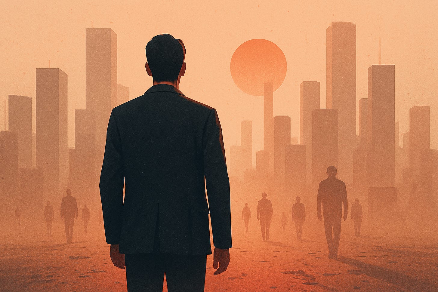 A solitary man in a dark suit stands at the edge of a futuristic city at sunset, looking toward a glowing horizon. The city is bathed in warm orange light with distant figures fading into the fog — symbolizing fading careers and uncertain futures