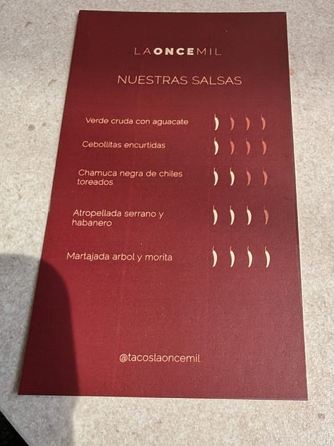 Drinks, food, and salsas at La Once Mil in Mexico City