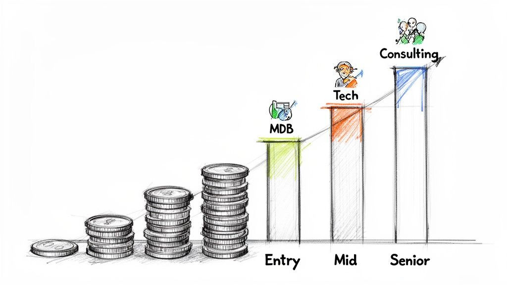 Bar chart illustrating career progression from Entry to Senior levels, showing increasing compensation in MDB, Tech, and Consulting. Bar chart illustrating career progression from Entry to Senior levels, showing increasing compensation in MDB, Tech, and Consulting.