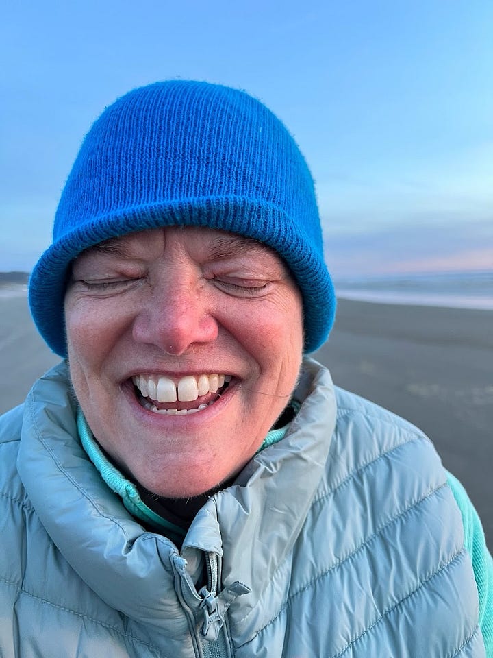 Top left: Melora Fern holding a trout smiling wearing a blue cap, Top right: Melora fern wearing a hiking hat smiling in front of a green coastline, Bottom left: Melora Fern smiling wearing a straw hat in front of a beach. Bottom right: Melora Fern smiling with her eyes closed wearing a blue beanie