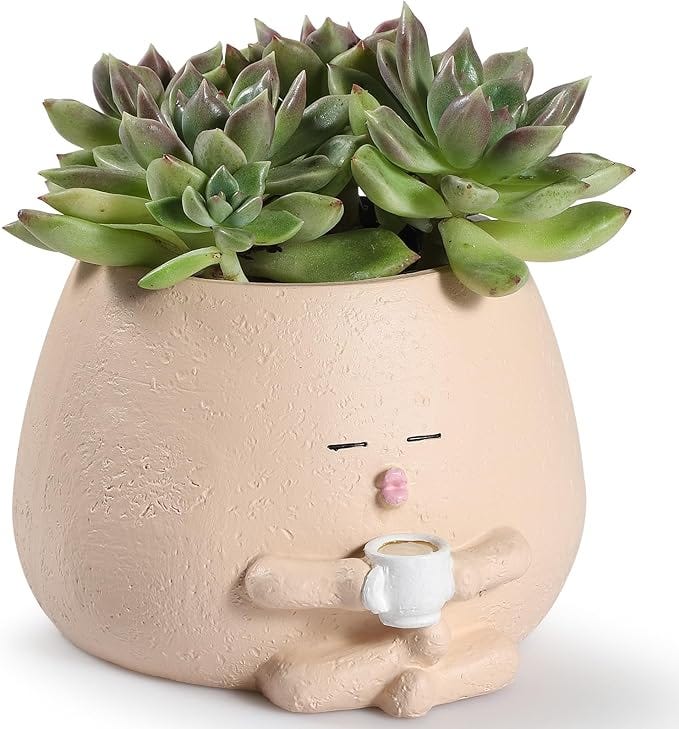 YATIAN Smily Face Planter Pots, Cute Coffee Plant Pots for Indoor Outdoor Plants, Small Succulent Pots Resin Flower Pot Head Planters with Drainage Hole, Gift IdeaI for Mother Plant Lovers, Christmas