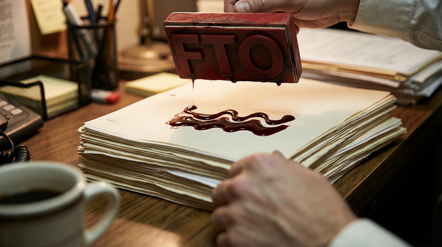 AI-generated illustration of an FTO stamp marking a stack of files with red drippy wave image, symoblizing Foreign Terrorist Organization designation.