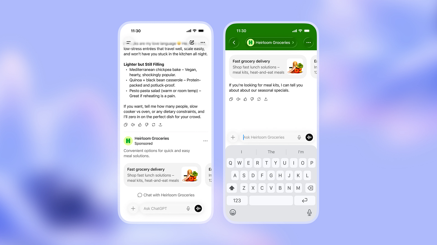 Two mobile phone screens showing a ChatGPT conversation about traveling to Santa Fe, New Mexico, with an informational travel response on the left and a clearly labeled sponsored listing for “Pueblo & Pine” desert cottages, and a follow-up chat view with a text input on the right, displayed against a soft blue gradient background.