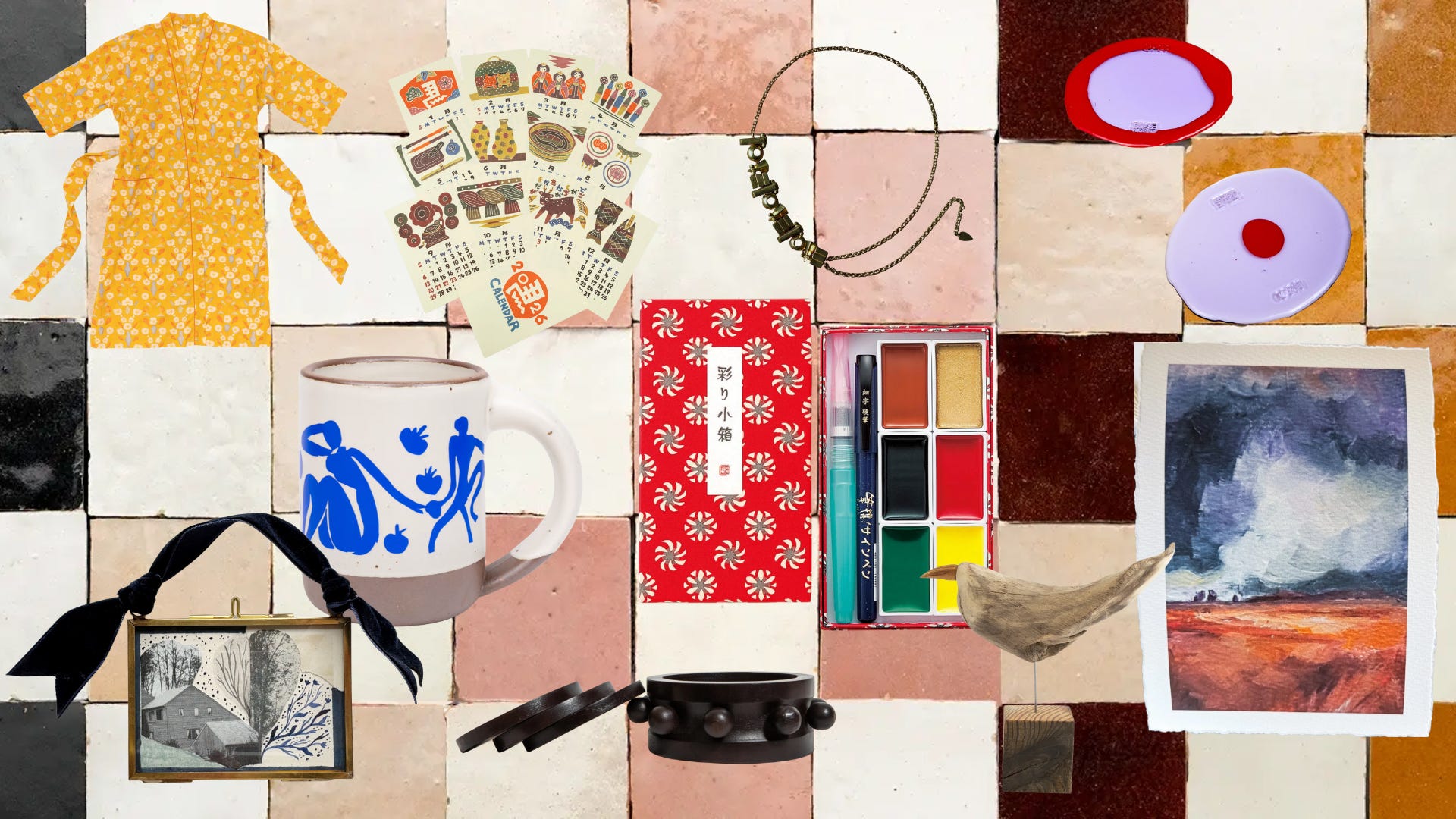 Collage of art adjacent objects including a robe, calendar, jewelry, coasters, stationery, paint, mug, and ornament