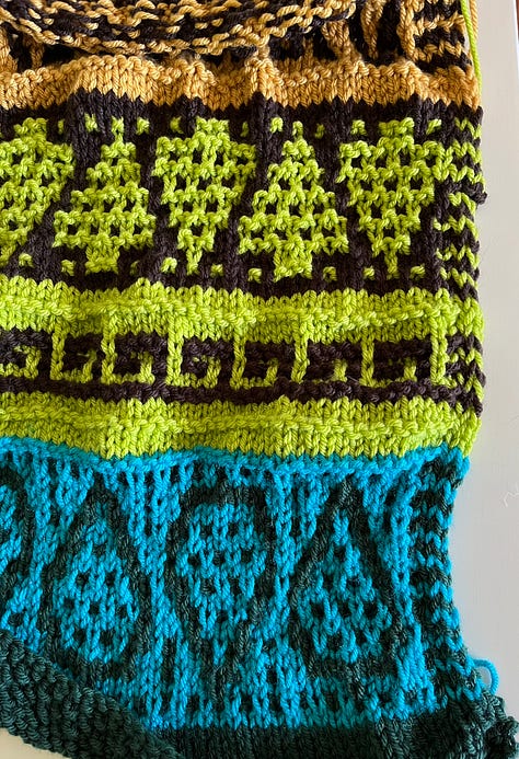 blue and green knitted item edges