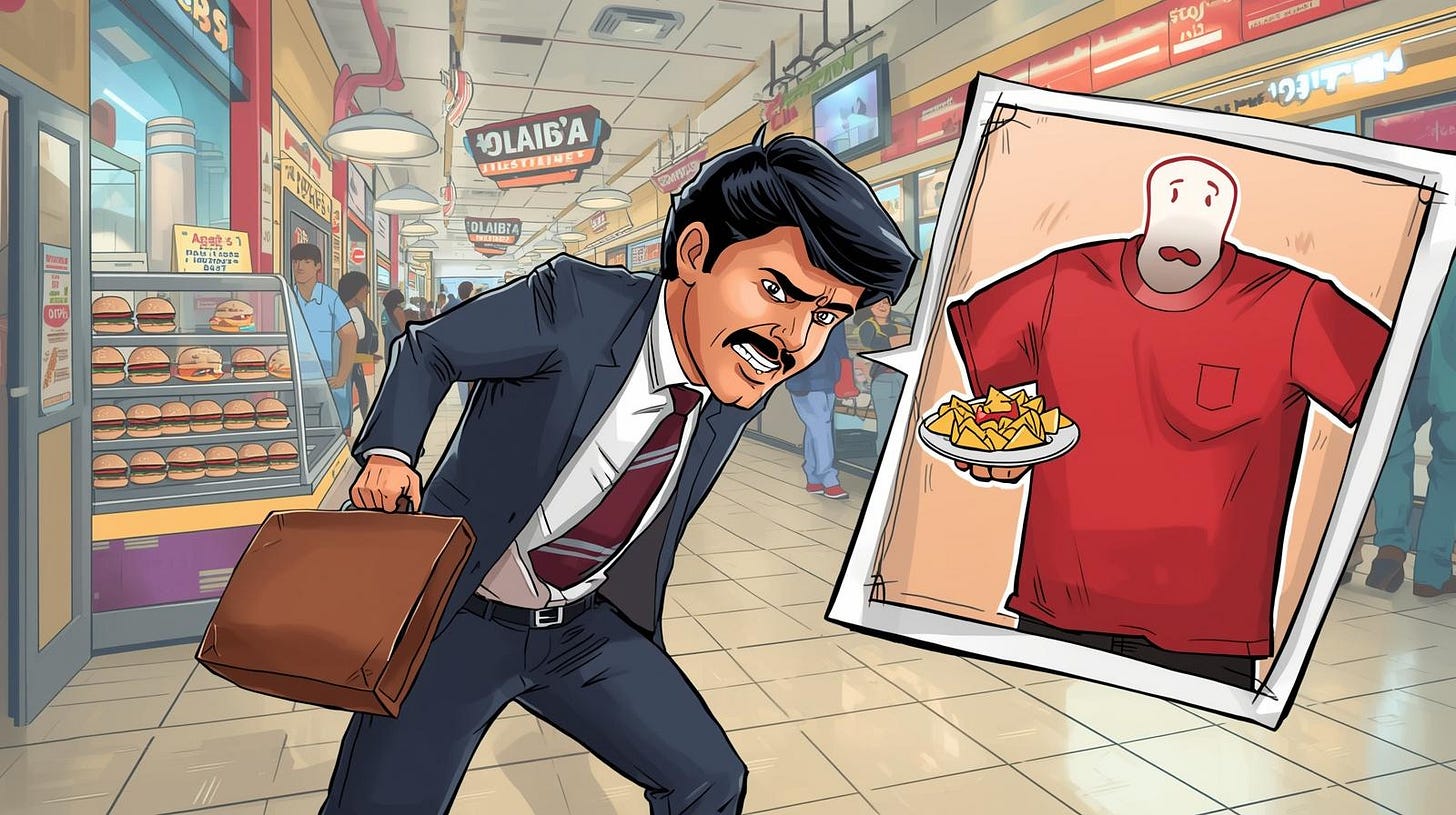 Cartoon of a guilty Indian office worker sneaking away with a T-shirt in his bag, while a boss holding pani puri looks on. Behind them, a food court scene with burgers and nachos. A ghostly red T-shirt with a thumbs-up floats in a photo, symbolising his lies. Cartoon of a guilty Indian office worker sneaking away with a T-shirt in his bag, while a boss holding pani puri looks on. Behind them, a food court scene with burgers and nachos. A ghostly red T-shirt with a thumbs-up floats in a photo, symbolising his lies.