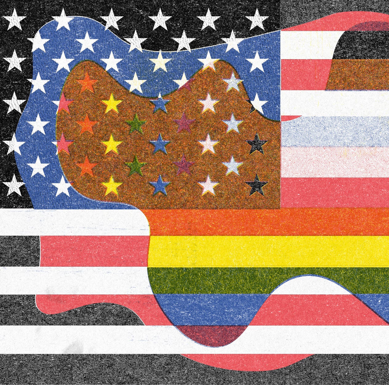 an american flag. the edges are turning black and white and the center is turning into rainbow colors. The space in between remains red white and blue.