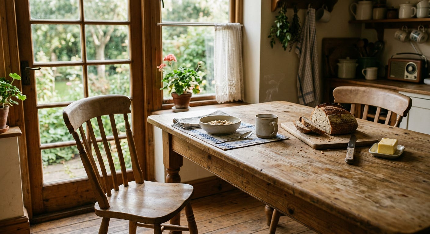 A simple kitchen table with bread and an empty chair in morning light, representing the prior obligation that enduring community generates before any specific need arrives.