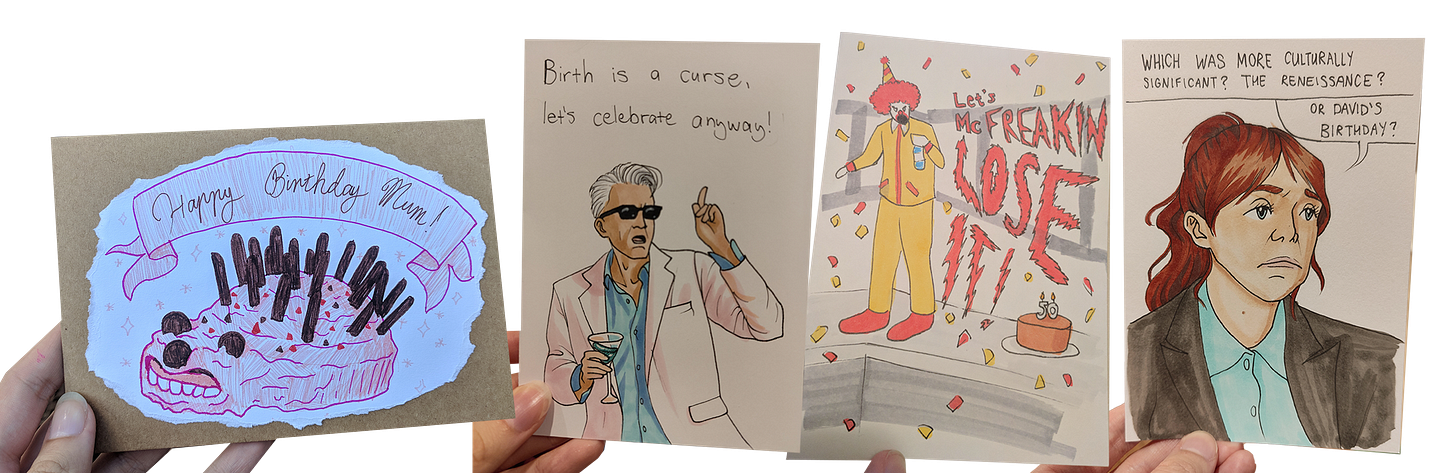 A row of birthday cards featuring a failed hedgehog children's cake, Michael from The Good Place drunk, a Ronald McDonald vine meme, and Philomena Cunk.
