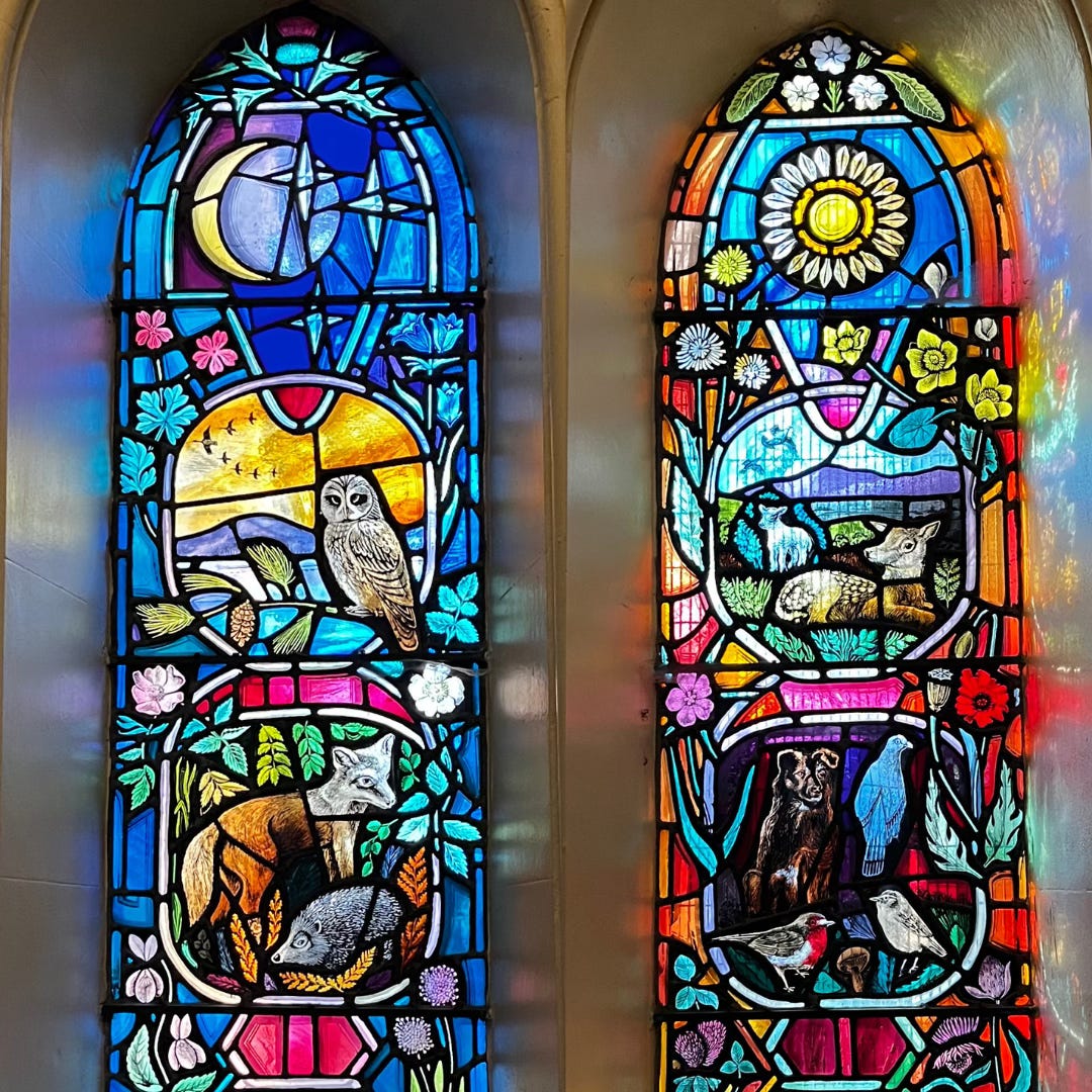 2 arched stainglass windows, side by side. Both have illustrations of birds, animals and plants--on with a blue night theme, the other red /orange daytime