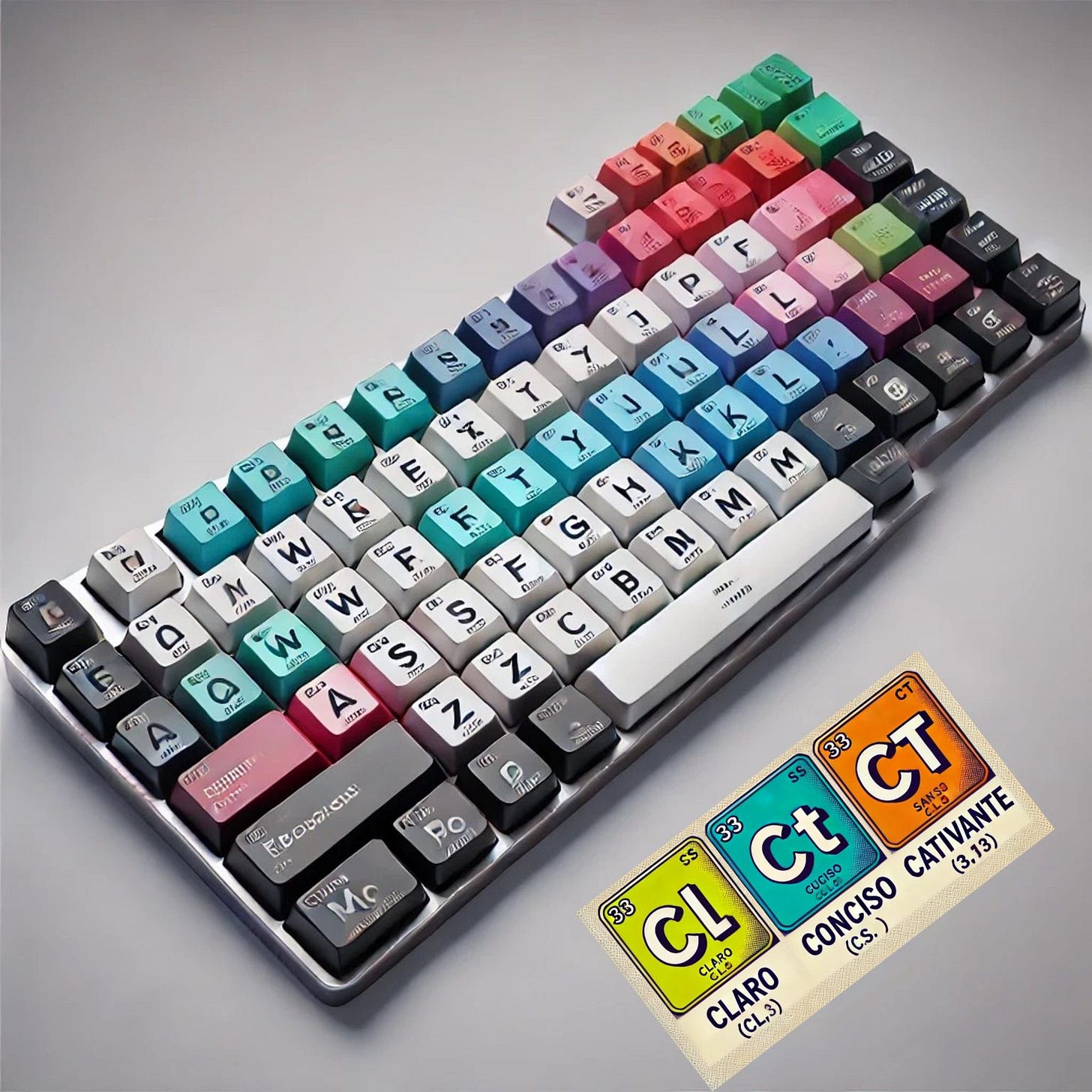 Não foi fornecido texto alternativo para esta imagemImagem de um teclado com teclas coloridas que simulam elementos químicos da tabela periódica. Ao lado, uma representação dos “elementos” Cl (Claro), Ct (Conciso) e Ct (Cativante), com design inspirado na tabela periódica. A imagem faz alusão à fórmula dos 3 Cs da comunicação jurídica eficaz.