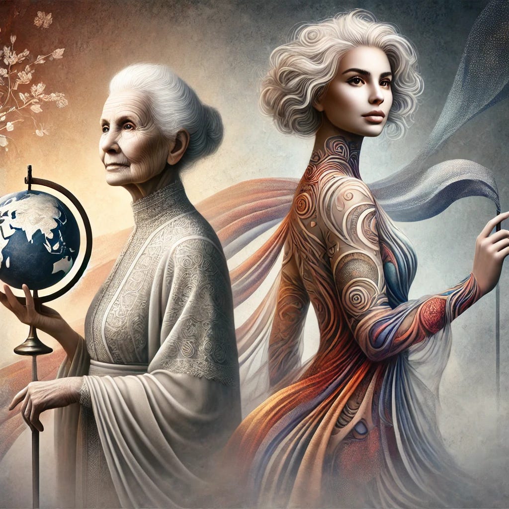 A symbolic, timeless portrait of an older and younger woman. The elder figure is dressed in refined, structured attire, holding a globe symbolizing guidance and legacy. The younger figure wears vibrant, untamed fabrics, holding a banner of abstract patterns representing the pursuit of new paths. They stand in a misty, ambiguous landscape that merges past and future, with soft lighting and an ethereal atmosphere. The figures are stylized and elegant, embodying the contrast between tradition and change.