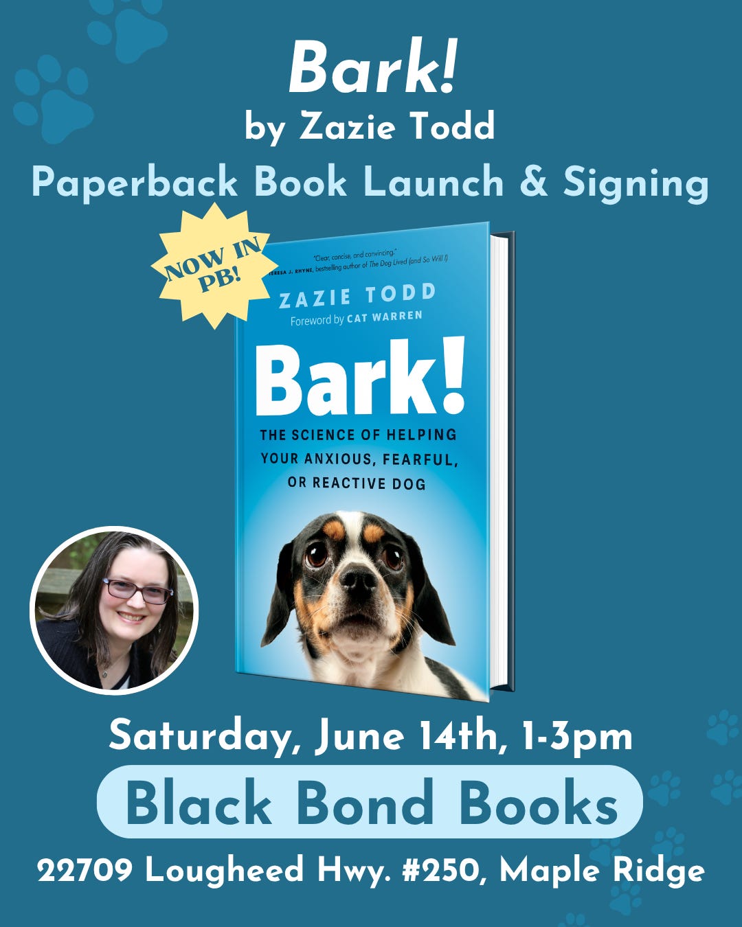 The flyer for the launch includes the details given below as well as a photo of me and the cover of Bark! which is blue with a cute Chihuahua. It's all on a dark blue background.