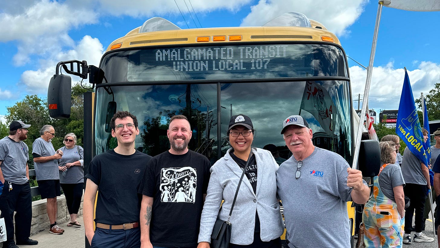 Councillors Alex Wilson, Cameron Kroetsch, Tammy Hwang, and Amalgamated Transit Union Local 107 President Eric Tuck at the Labour Day Parade in Ward 2 Councillors Alex Wilson, Cameron Kroetsch, Tammy Hwang, and Amalgamated Transit Union Local 107 President Eric Tuck at the Labour Day Parade in Ward 2