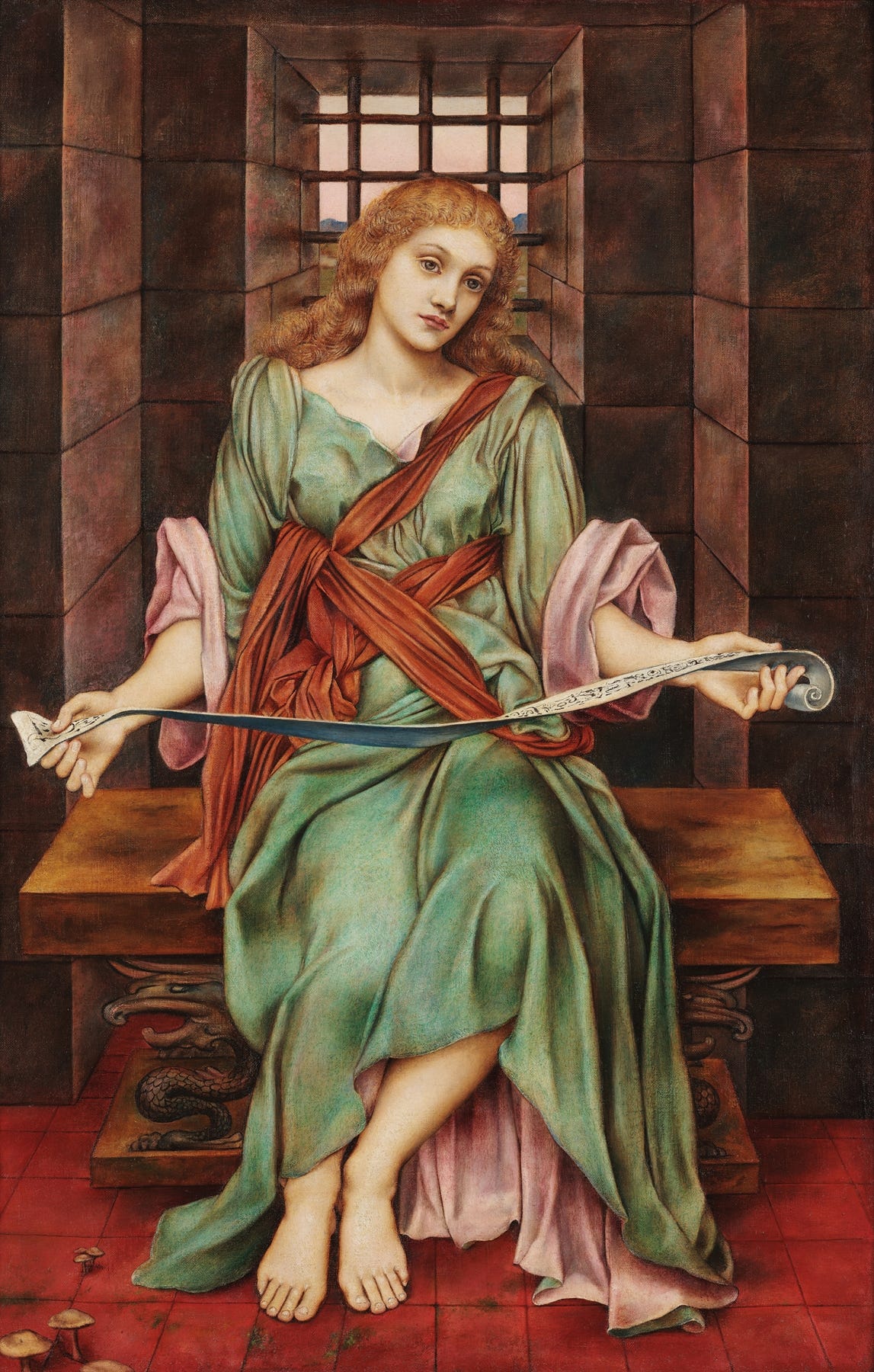 pintura a óleo mostrando uma mulher sentada, de corpo inteiro, ocupando quase toda a tela, olhando diretamente para quem observa a obra. a mulher tem cabelos claros crespos e pele clara, seu olha lânguido parece esperar alguma coisa. veste uma túnica solta verde com trapos vermelhos amarrados no tronco e na posnta dos dedos das duas mãos há um pedaço comprido de papel aberto, mas não tem como saber o que está escrito. a cabeça da mulher é enquadrada por uma janela gradeada por onde se tem um vislumbre da paisagem de céu arroseado atrás. ela parece estar em uma cela (paredes de tijolos compõem o fundo)