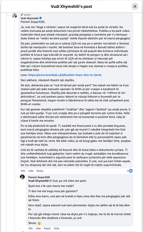 Shkëmbime komentes ndërmjet Vudi Xhymshitit dhe Florent Zeqajt të regjistruara nga redaksia jonë në Facebook, 8-9-Korrik 2026.