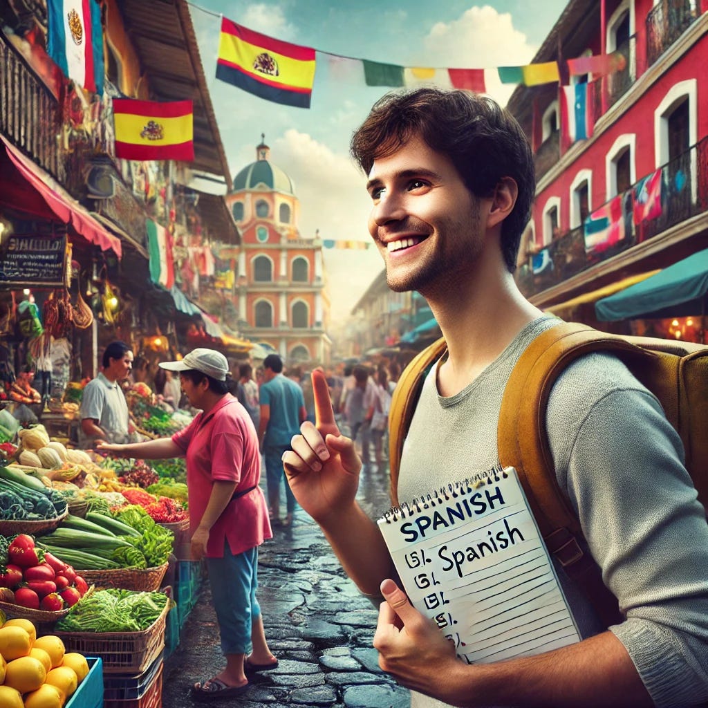 A photorealistic image of a foreigner walking through a colorful local market in a Latin American city, holding a notepad with key Spanish phrases. The market is bustling with vibrant stalls, local vendors, and fresh produce. The foreigner is smiling, engaging with a local vendor, trying to speak Spanish. The mood is positive, capturing the learning journey of communicating in a new language.
