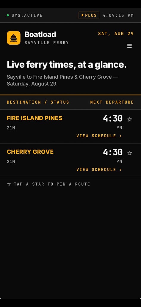 Screenshots of Boatload, a dark-mode app with gold accents. The home screen shows the next departures to Fire Island Pines and Cherry Grove with a countdown. Other screens show schedules by day and season, a Labor Day schedule-change alert, ferry reminders, and the app menu.