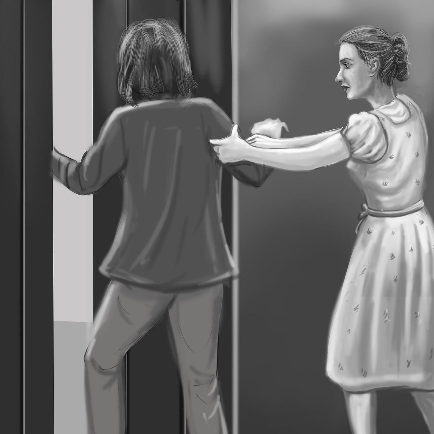 Grete pulls her mother back, stopping her from entering Gregor's room.