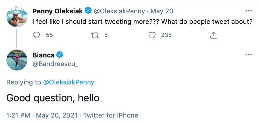Penny Oleksiak tweets and Bianca Andrescu responds Penny Oleksiak tweets and Bianca Andrescu responds