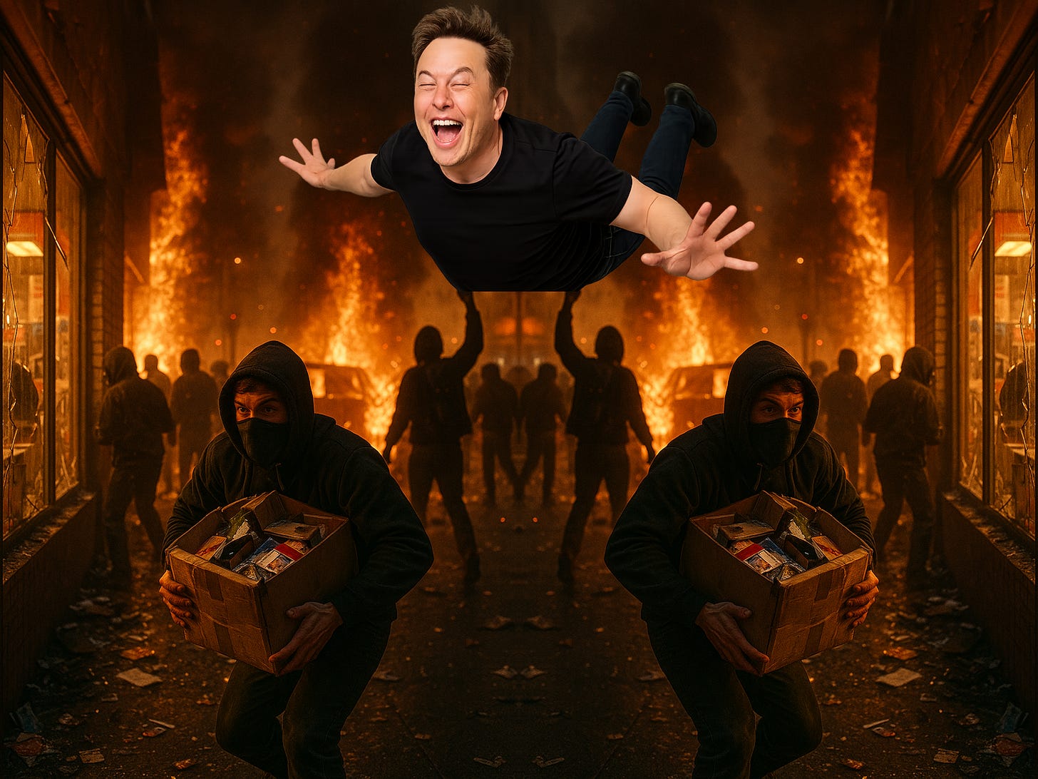 Picture of a giddy Elon Musk hovering over a riot.
