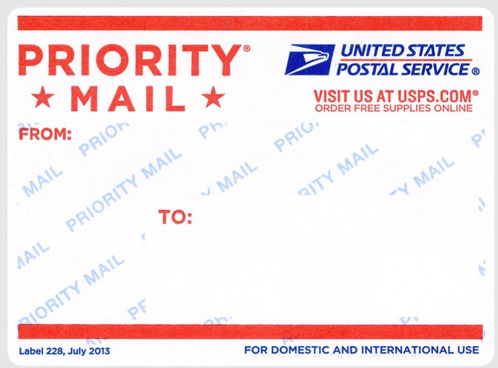 Vintage 1991 USPS Priority Mail Label #228 – Graffiti Blue Top Blank Stamp Collector’s Item