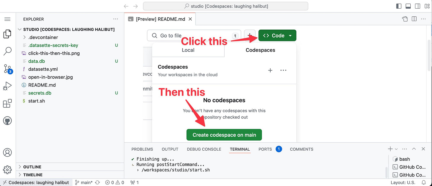 Screenshot of the GitHub Codespaces UI running Datasette Studio