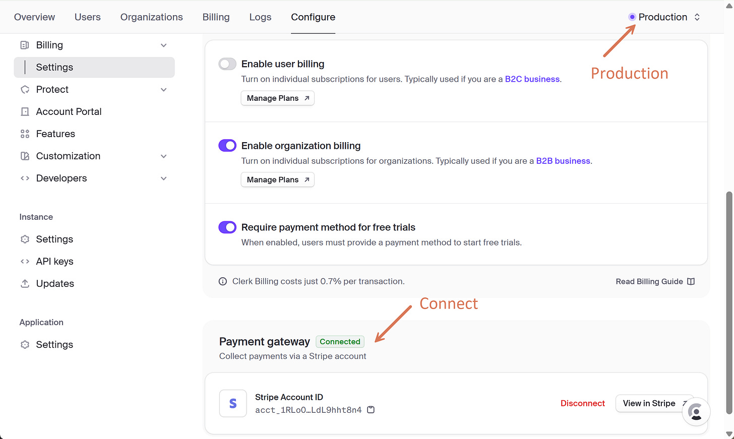 Clerk production instance, Configure > Billing, connect a new or existing Stripe account Clerk production instance, Configure > Billing, connect a new or existing Stripe account