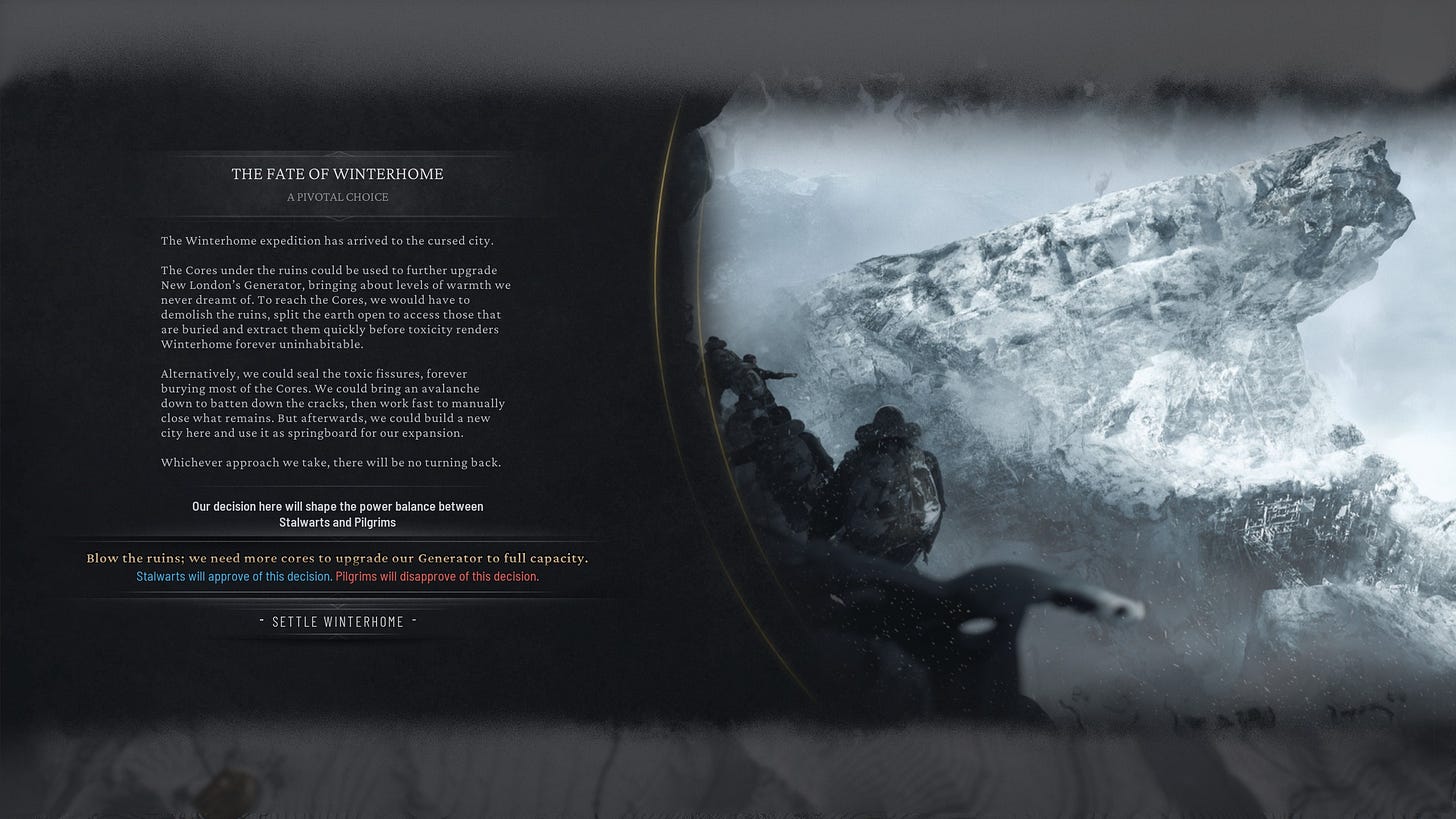 A screenshot of Frostpunk 2 showing a narrative screen displaying two options for the player.